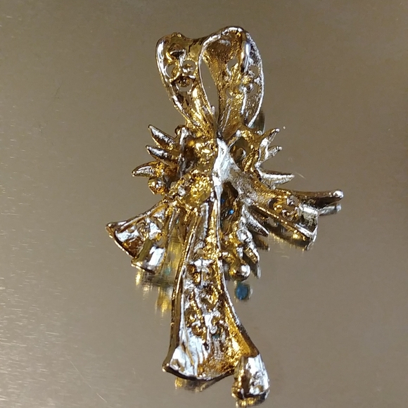 🎉2/$16 Oversized Pendant Brass Antique Gold and Blue Crystal Costume Jewelry - Picture 3 of 10